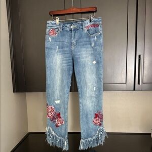 Embroidered INC Blue Jeans with Fringe Hem